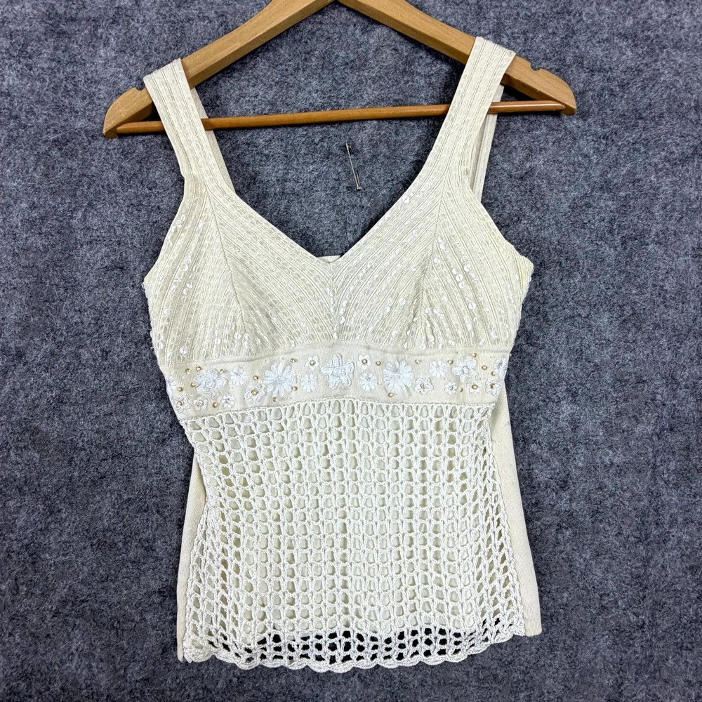 Boston Proper Tank Top Womens Medium Cream Crochet Silk Sequin Office Siren
